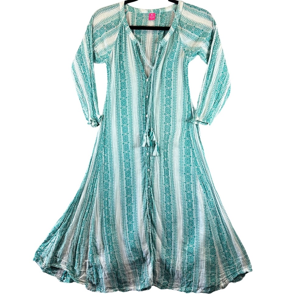 Raj Teal Block Print 100% Cotton Tassel Sz M Midi Dress Bohemian Festival India